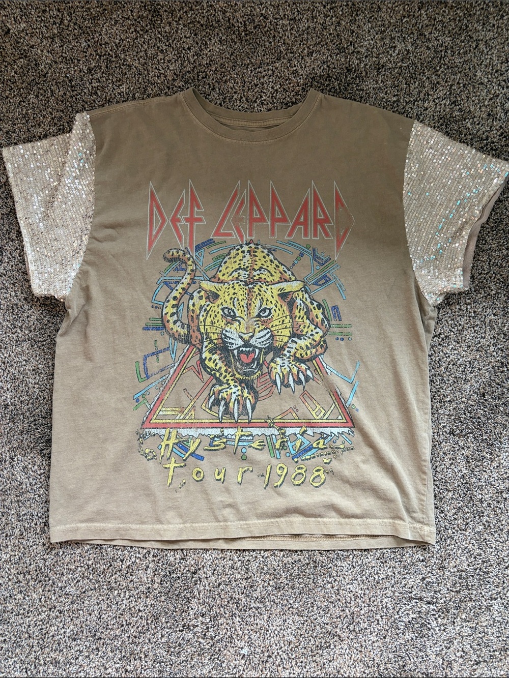 Women’s Sequin Sleeve Graphic Tee - Olive with Silver Sleeves
